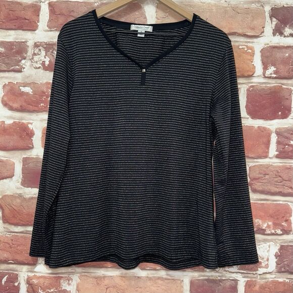 Coldwater Creek Tops - Coldwater Creek Top Shirt Womens 1X Black Silver Metallic Striped Casual Popover